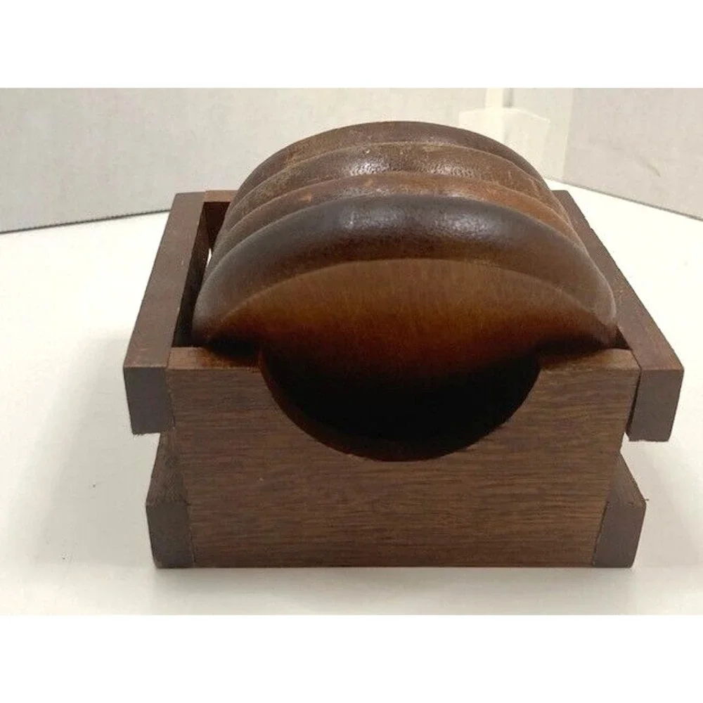 Vintage MCM Wood and Rope Round Coaster with Caddy Set of‎ 4 Boho 70s